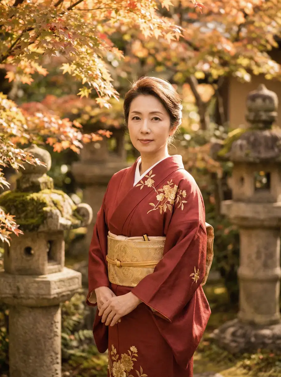 一位身穿暗红色和服的优雅 张婉莹 在日式庭院中